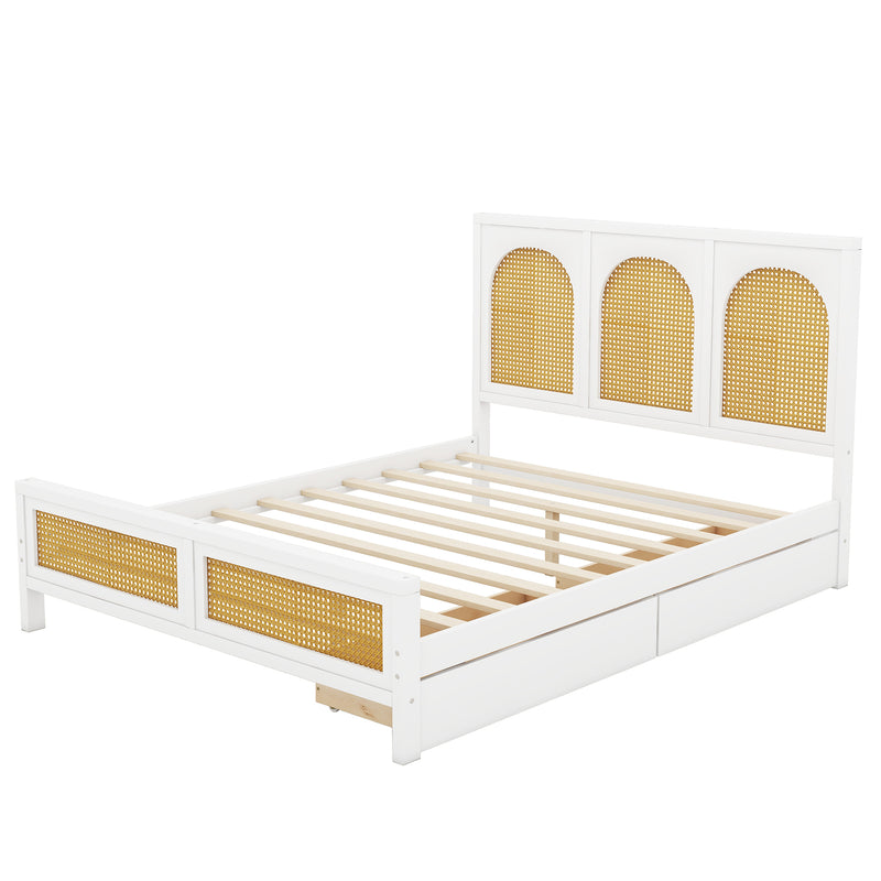Full Size Wood Storage Platform Bed with 2 Drawers, Rattan Headboard and Footboard, White