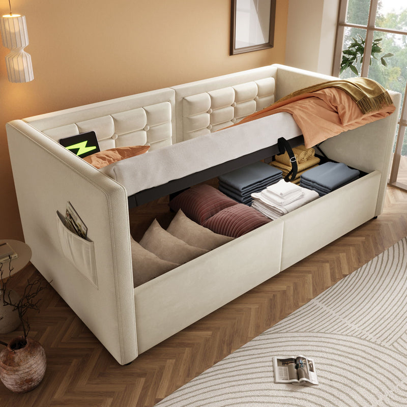 Upholstered Hydraulic Storage Daybed With USB & Type C Charging