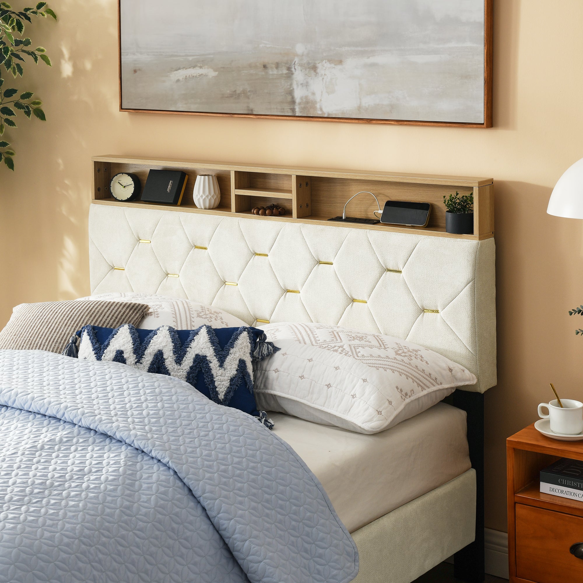 Full Size Bed Frame, Shelf Upholstered Headboard, Platform Bed with Outlet & USB Ports, Wood Legs, No Box Spring Needed, Easy Assembly, Beige - Atlantic Fine Furniture Melbourne FL