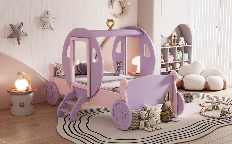 Princess Carriage Bed With Crown, Platform Car Bed With Stair