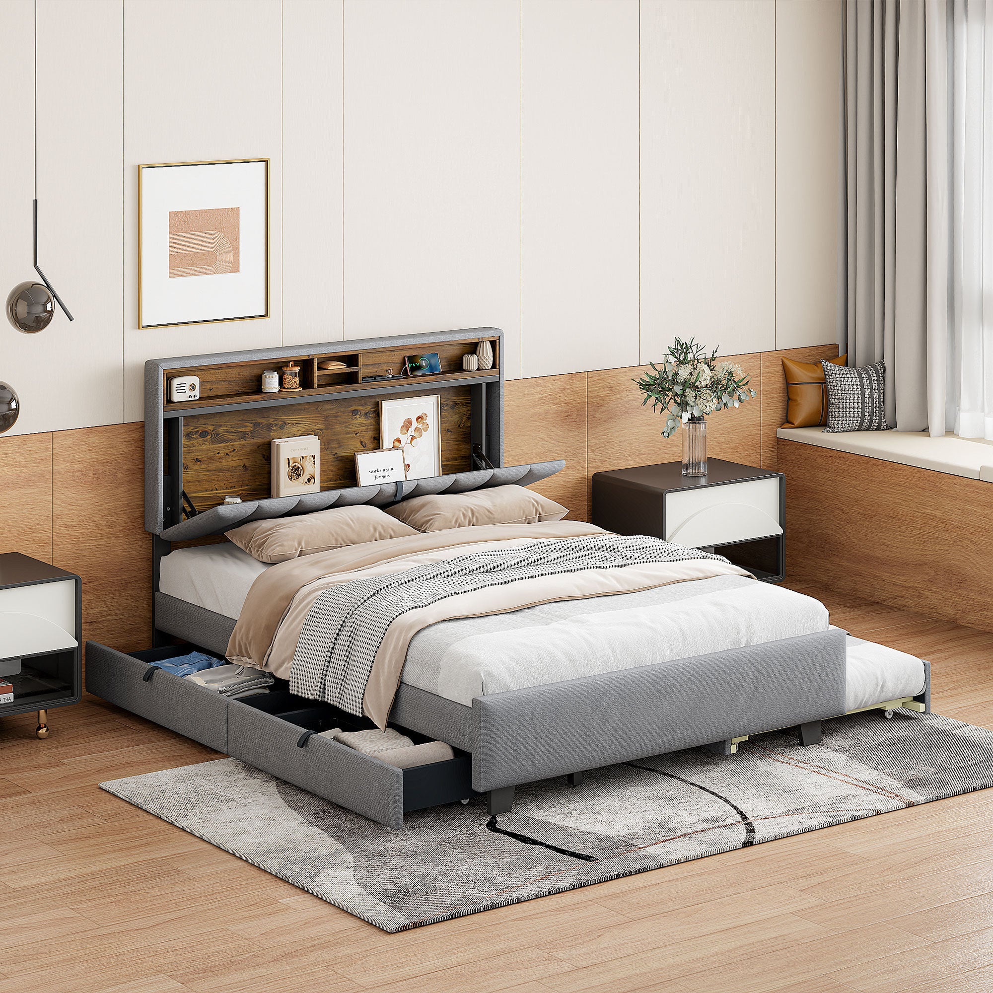 Queen size Upholstered Platform Bed with Storage Headboard, Twin XL Size Trundle & 2 drawers and a set of Sockets & USB Ports, Linen Fabric, Gray - Atlantic Fine Furniture Melbourne FL