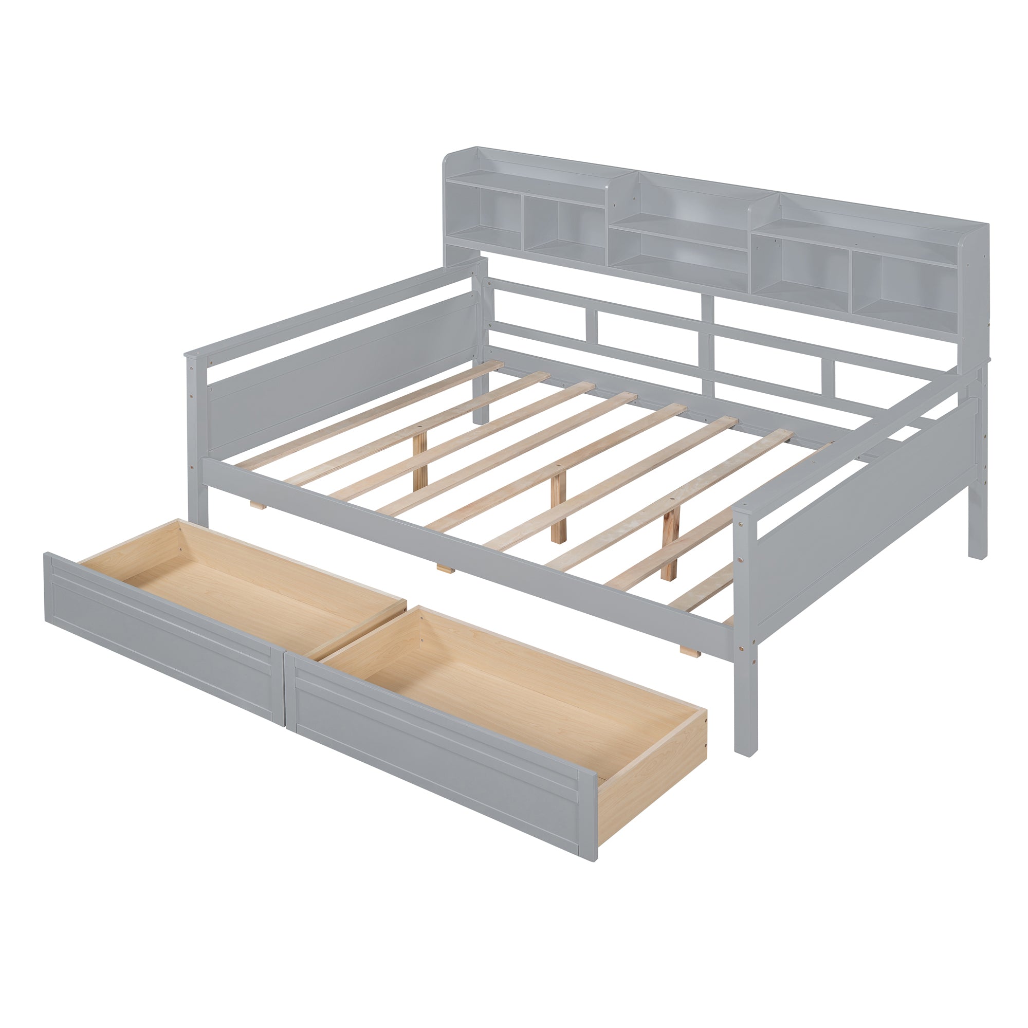 Full size Daybed, Wood Slat Support, with Bedside Shelf and Two Drawers, Gray - Atlantic Fine Furniture Melbourne FL