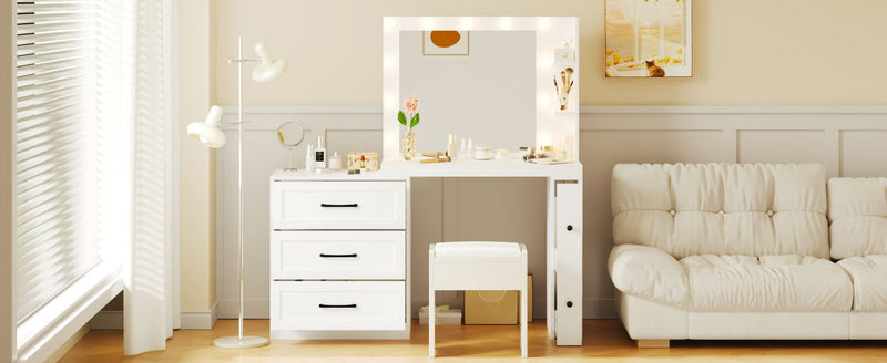 Vanity Desk With Freely Adjustable Side Cabinet, Makeup Vanity With Hollywood Lights, 5 Storage Drawers & 2-Shelves, Modern Dressing Table - White
