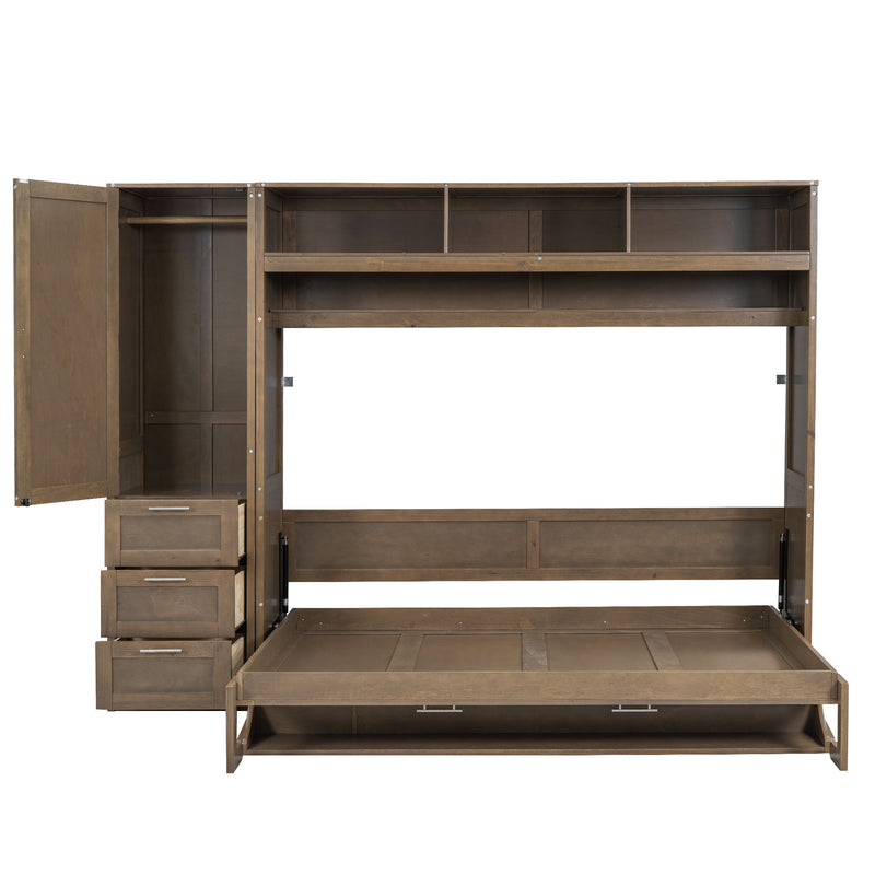 Full Size Murphy Bed With Wardrobe, Drawers, And Open Shelves - Wood
