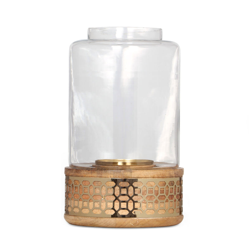 Lippert Boho Handcrafted Mango Wood Hurricane Candle Holder With Tempered Glass And Metal Accents, Large - Natural