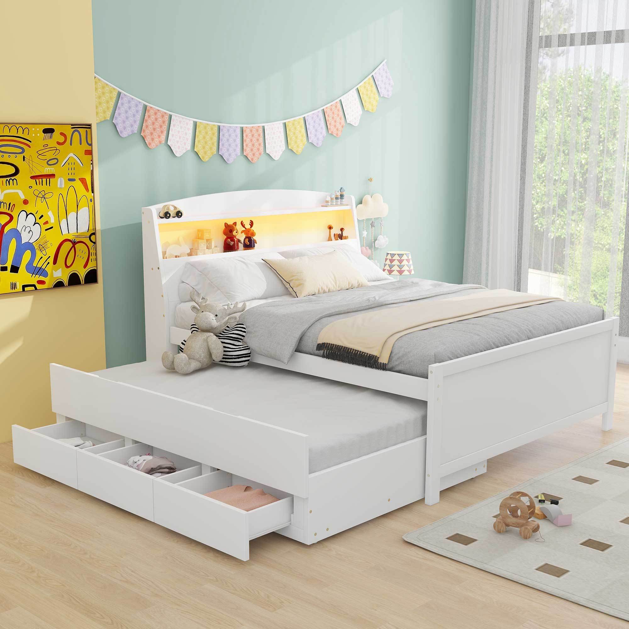Full Size Platform Bed with Storage LED Headboard, Twin Size Trundle and 3 Drawers, White - Atlantic Fine Furniture Melbourne FL
