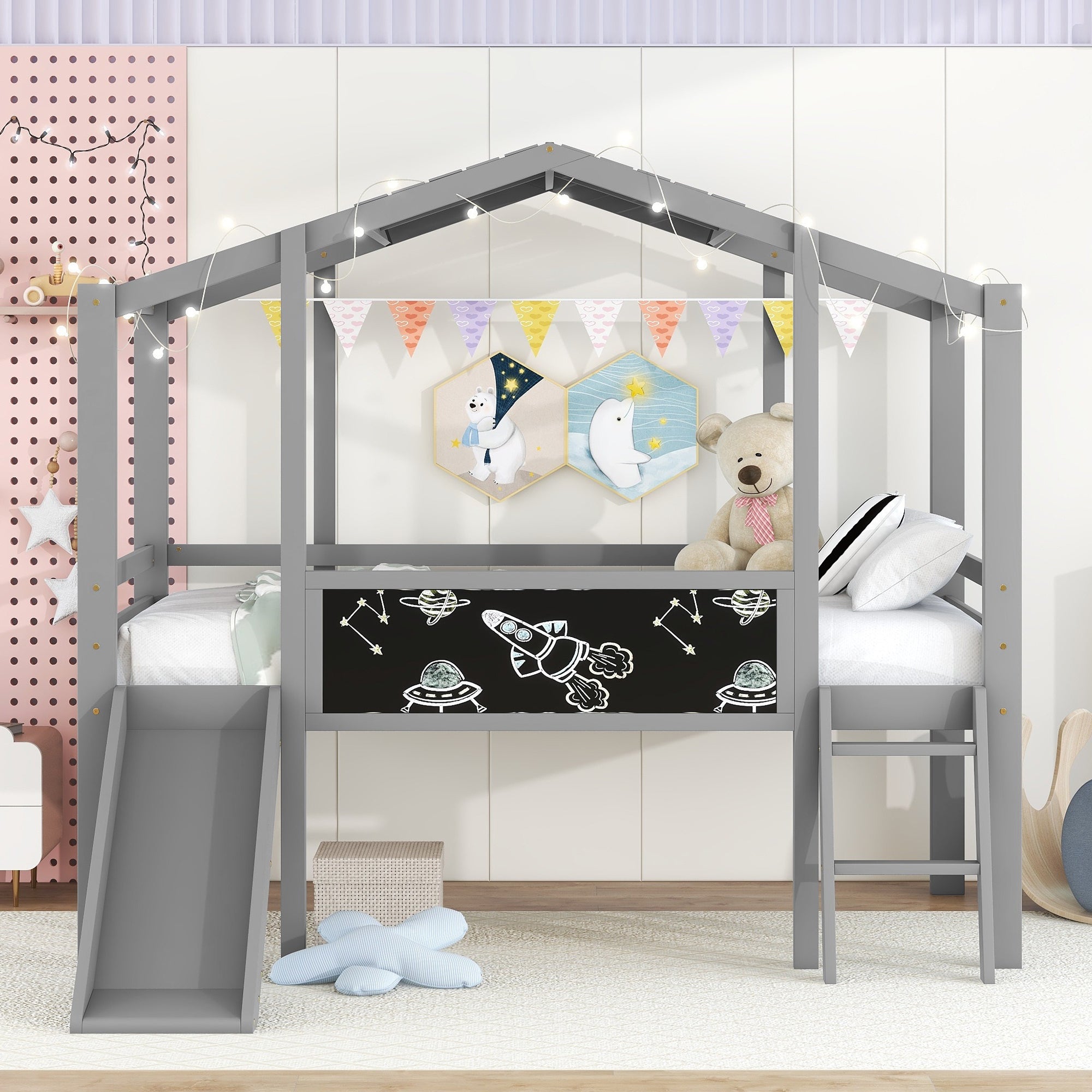 Twin Size Loft Bed with Ladder and Slide, House Bed with Blackboard and Light Strip on the Roof, Gray - Atlantic Fine Furniture Melbourne FL