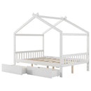 House Style Platform Bed With Headboard, Footboard, 2 Drawers, And Roof Design