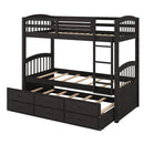 Twin over Twin Wood Bunk Bed with Trundle and Drawers, Espresso