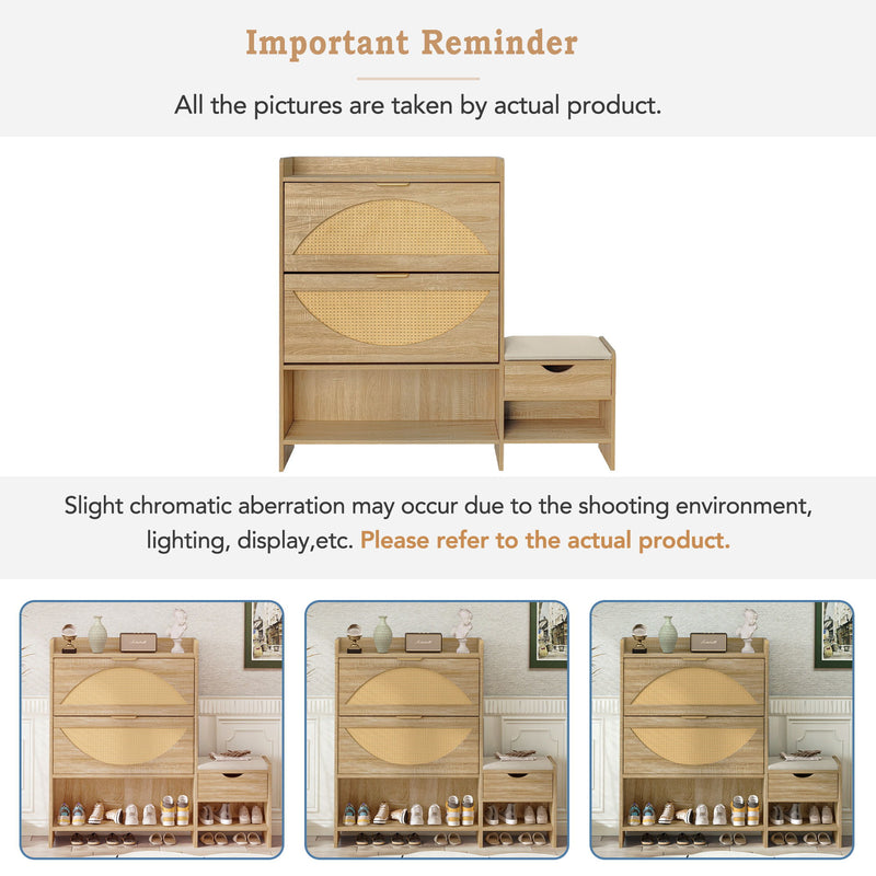 Shoe Storage Cabinet Rattan Shoe Storage Organizer With 2 Flip Drawers, A Storage Drawer And A Bench For Entryway, And Hallway - Light Brown