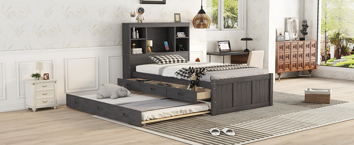 Twin Size Platform Bed with Storage Headboard, Charging Station, Twin Size Trundle and 3 Drawers, Antique Brown - Atlantic Fine Furniture Melbourne FL