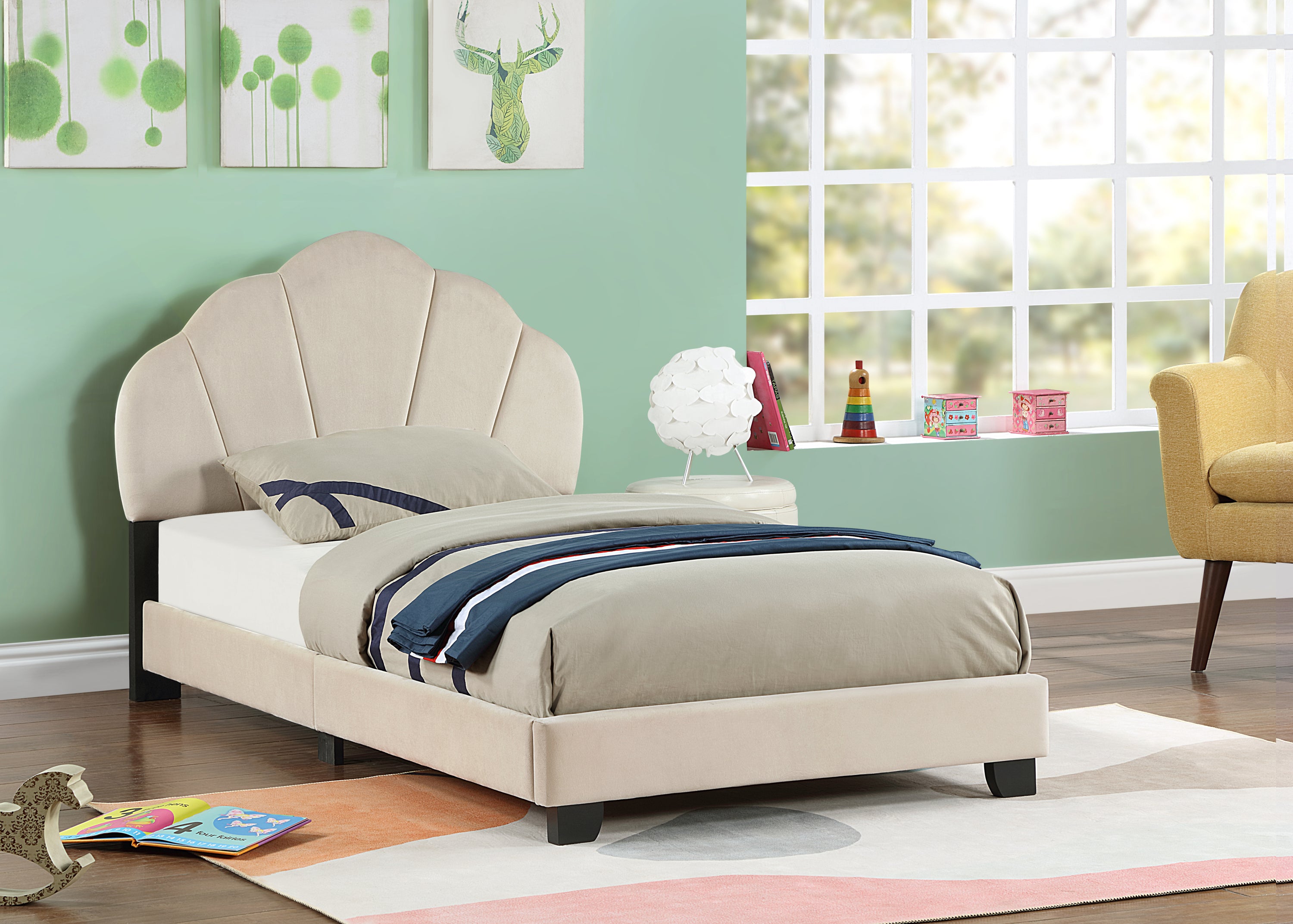 Upholstered Twin Size Platform Bed for Kids, with Slatted Bed Base, No Box Spring Needed, Beige color, Shell Design - Atlantic Fine Furniture Melbourne FL