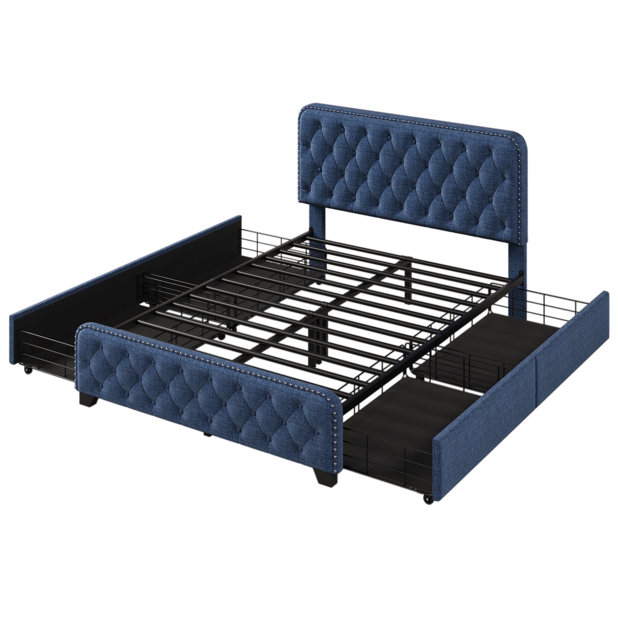 Upholstered Platform Bed Frame with Four Drawers, Button Tufted Headboard and Footboard Sturdy Metal Support, No Box Spring Required, Blue, Full (Old sku:BS300281AAC) - Atlantic Fine Furniture Melbourne FL