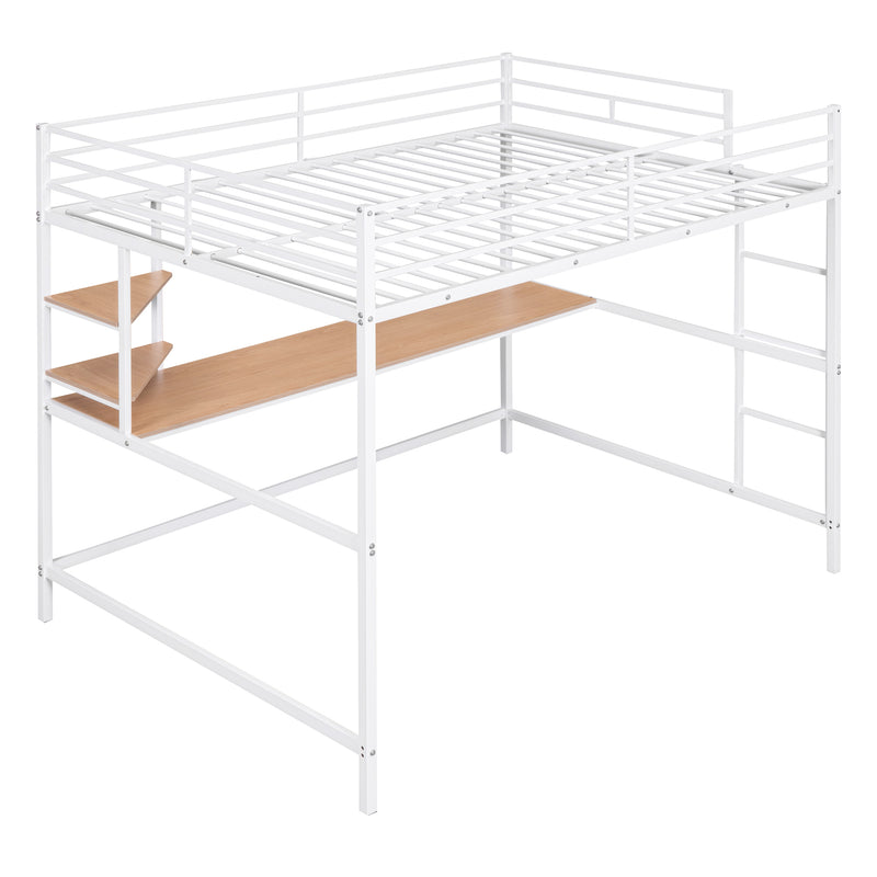 Full Metal Loft Bed with Desk and Shelve, White