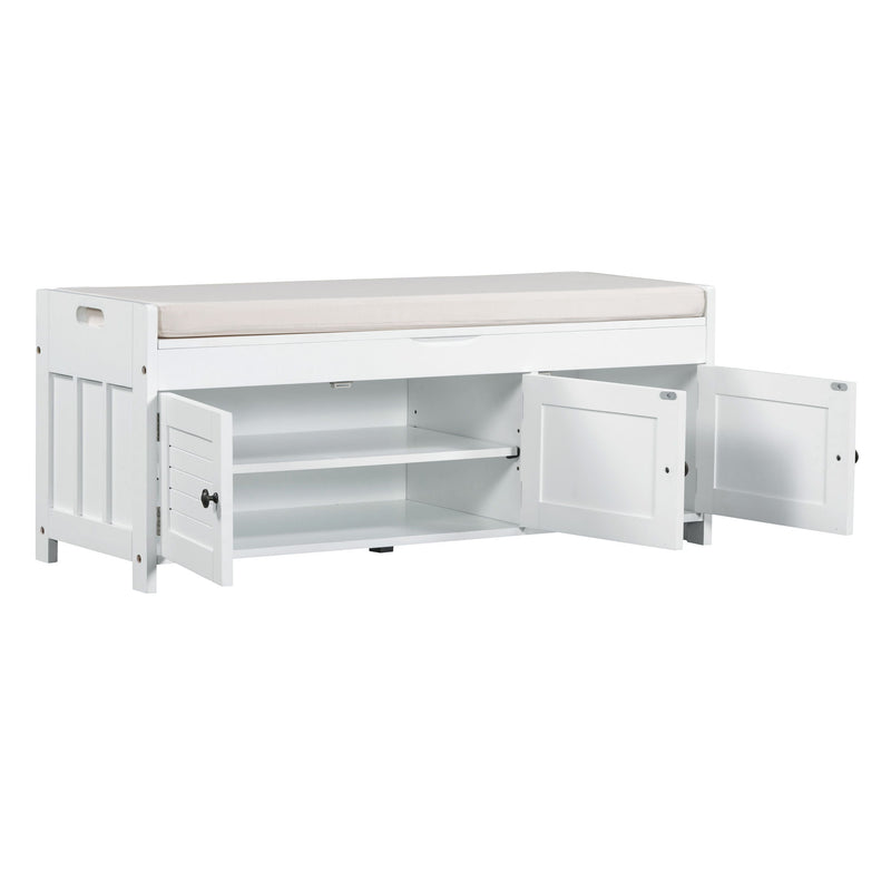 Storage Bench With 3 Shutter-Shaped Doors, Shoe Bench With Removable Cushion And Hidden Storage Space