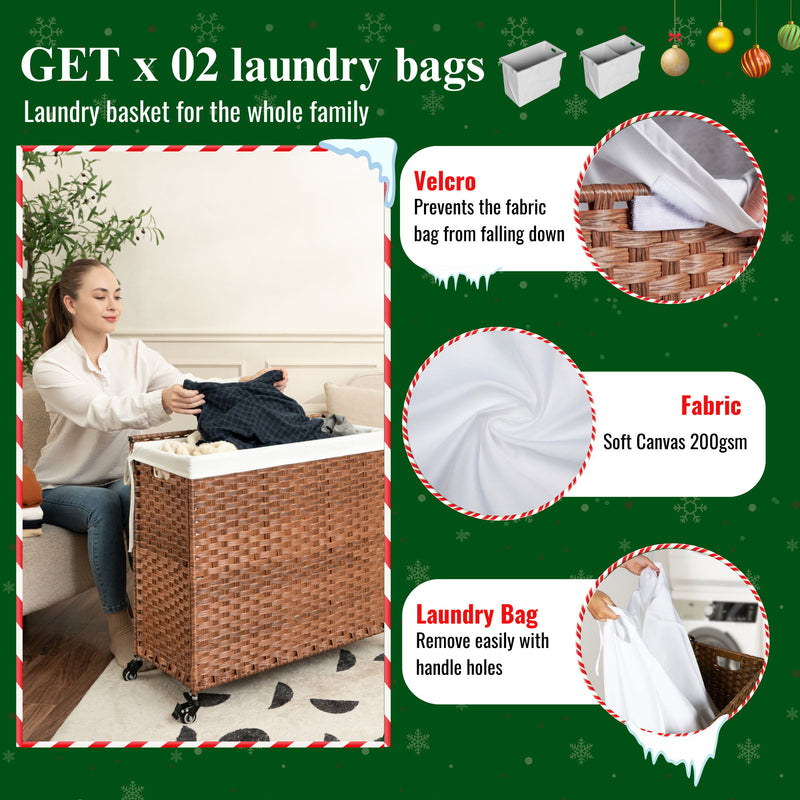 Laundry Hamper With Lid PE Rattan Powder Coating Frame Clothes Hampers With 2 Removable Bags