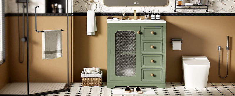 Bathroom Vanity With A Soft Close Glass Door, Adjustable Shelves, And Three Drawers