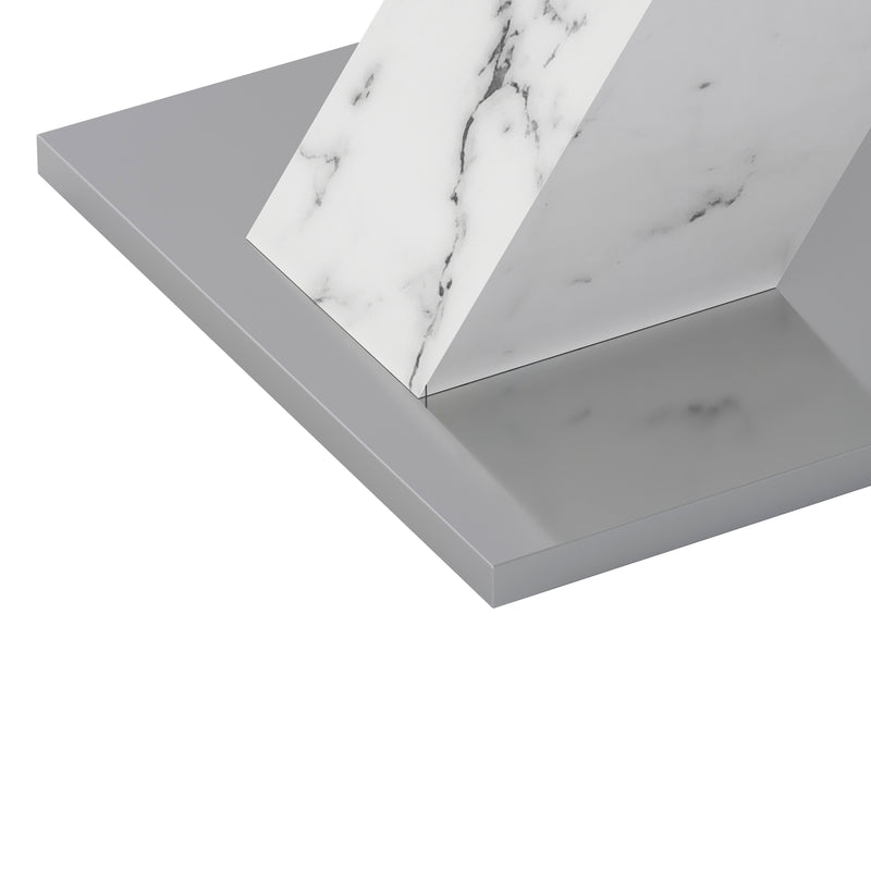 Modern Square Dining Table, Stretchable, with Printed White Marble Table Top+MDF X-Shape Table Leg with Metal Base