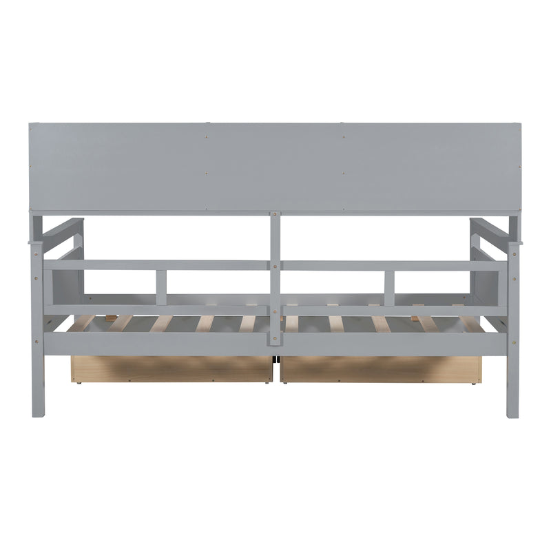 Twin size Daybed, Wood Slat Support, with Bedside Shelves and Two Drawers, Gray