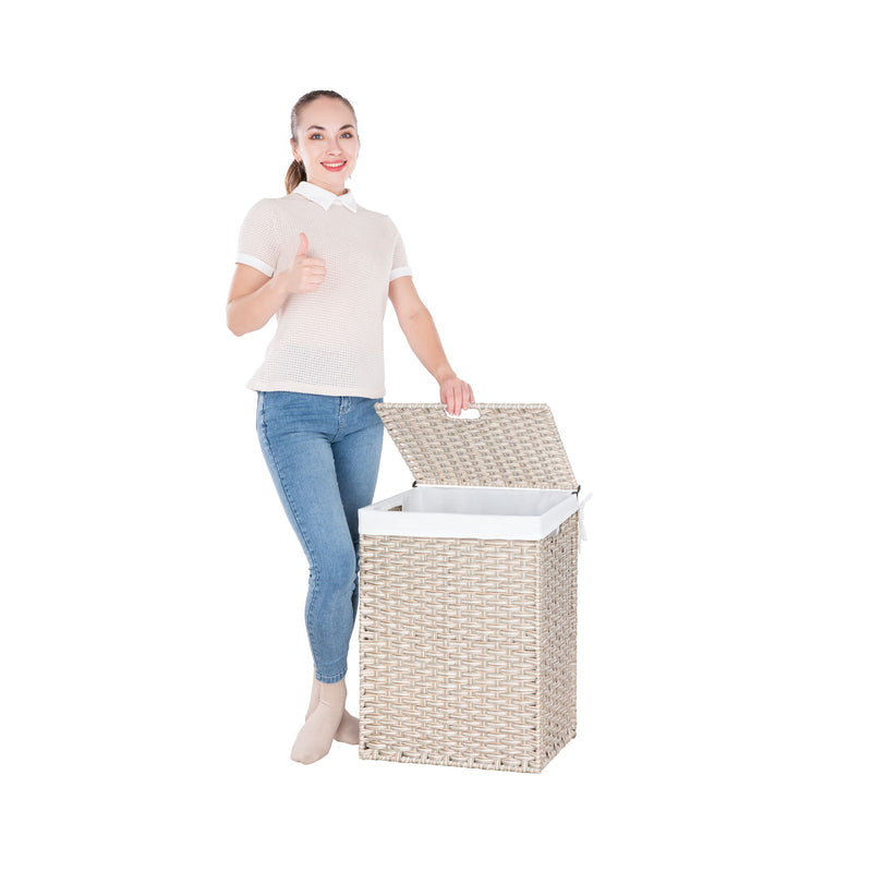 Laundry Hamper With Lid PE Rattan Powder Coating Frame Clothes Hampers With 2 Removable Bags