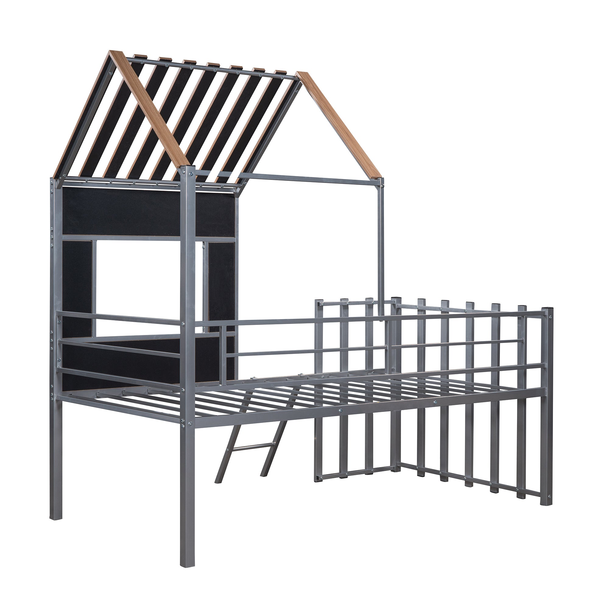 Metal Twin size Loft Bed with Roof, Window, Guardrail, Ladder Silver - Atlantic Fine Furniture Melbourne FL