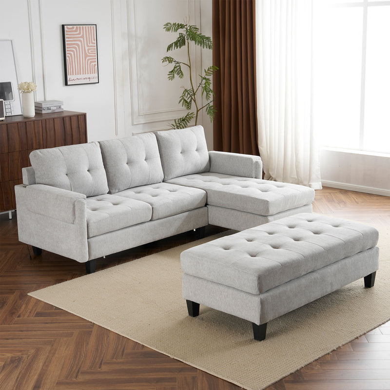 L Shaped Sofa Sectional Couch Sofa Bed With Two USB Ports, A Movable Ottoman And A Reversible Chaise Lounge For Living Room