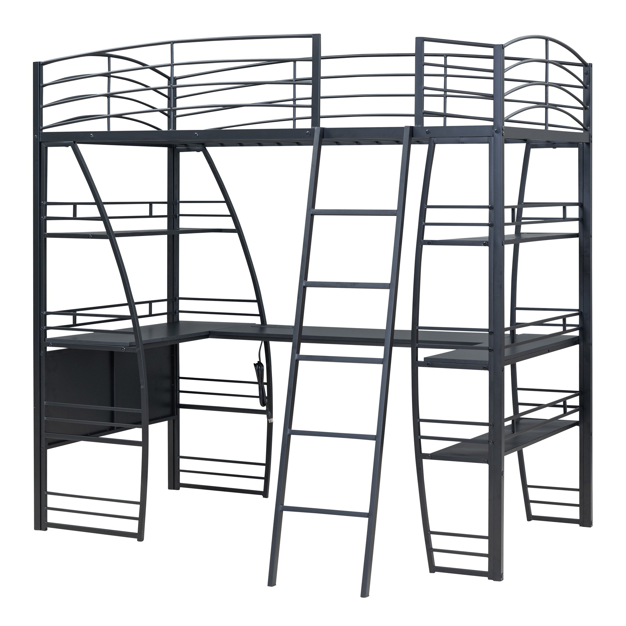 Twin Size Loft Bed with 4 Layers of Shelves and L-shaped Desk, Stylish Metal Frame Bed with a set of Sockets, USB Ports and Wireless Charging, Black - Atlantic Fine Furniture Melbourne FL