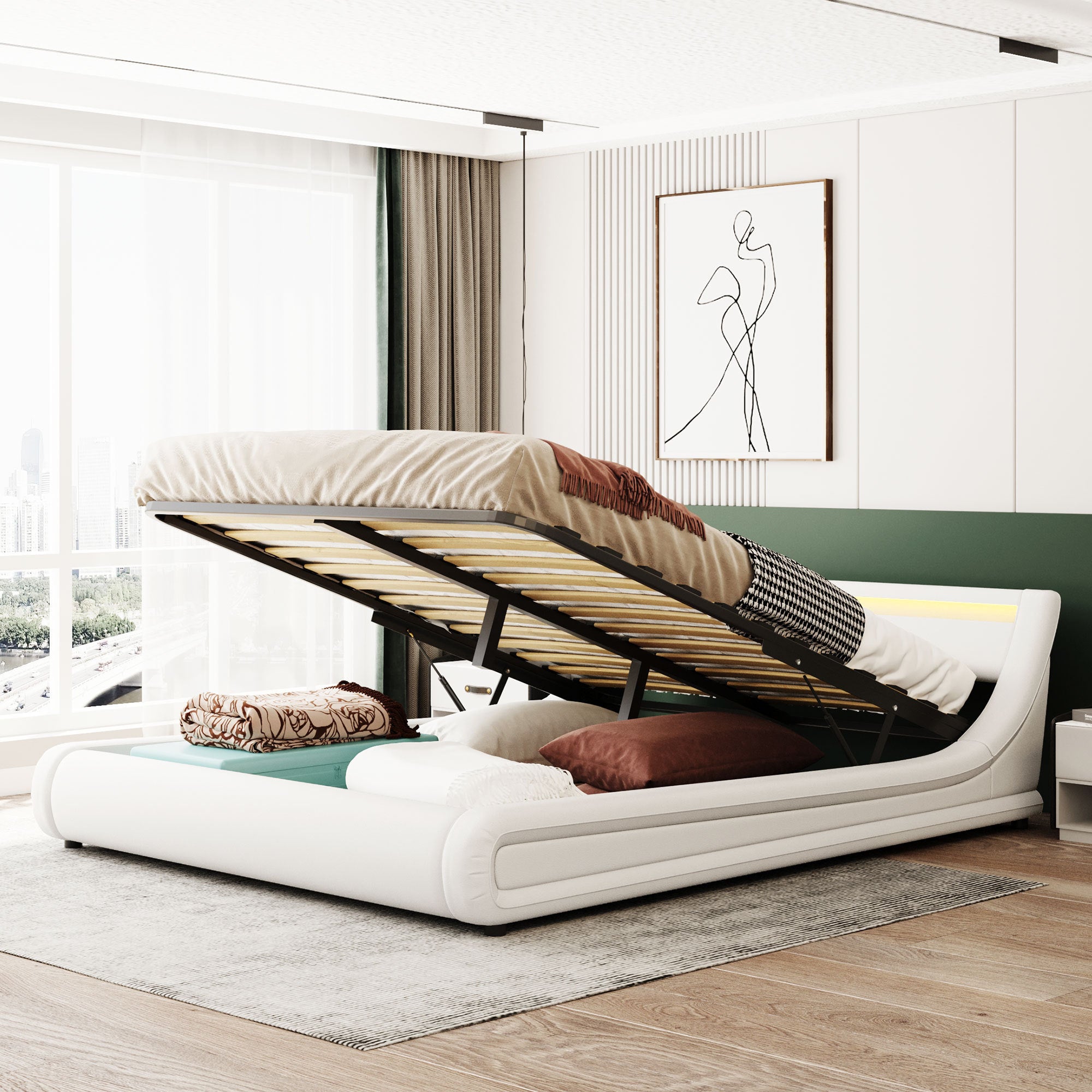 Upholstered Faux Leather Platform bed with a Hydraulic Storage System with LED Light Headboard Bed Frame with Slatted Queen Size - Atlantic Fine Furniture Melbourne FL