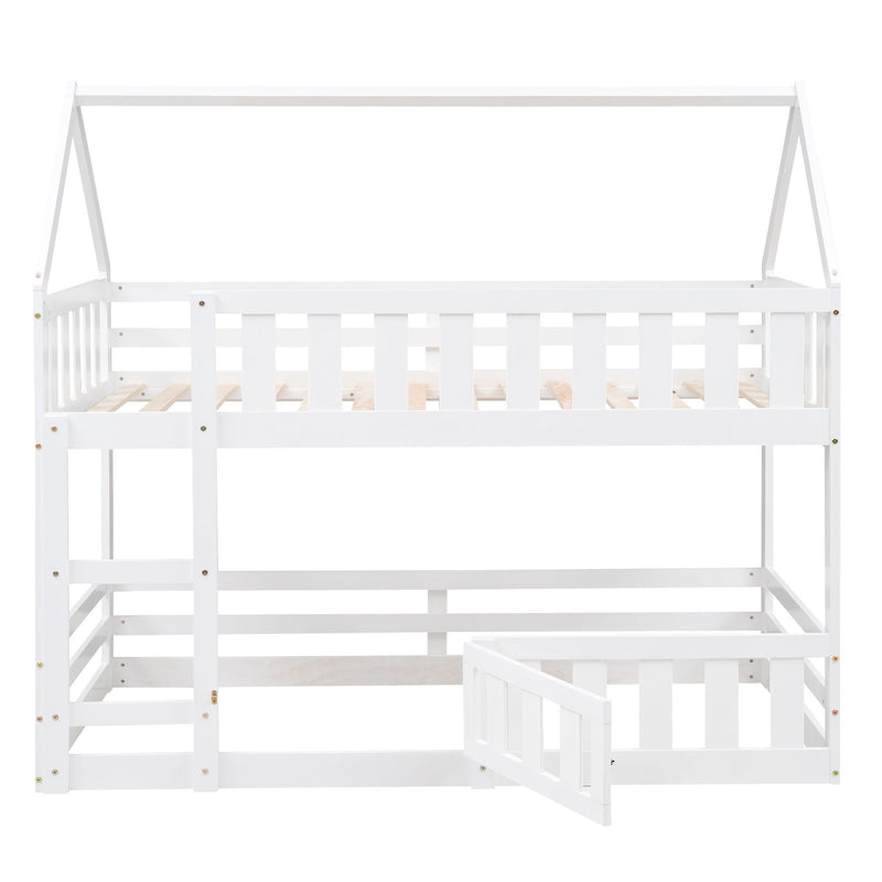 Twin Over Twin House Bunk Bed With Fence And Door - Gray