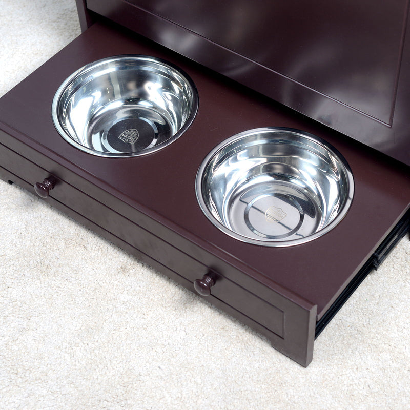 Pet Feeder Station With Storage, Waterproof Painted, Dog And Cat Feeder Cabinet With Stainless Bowl - Brown