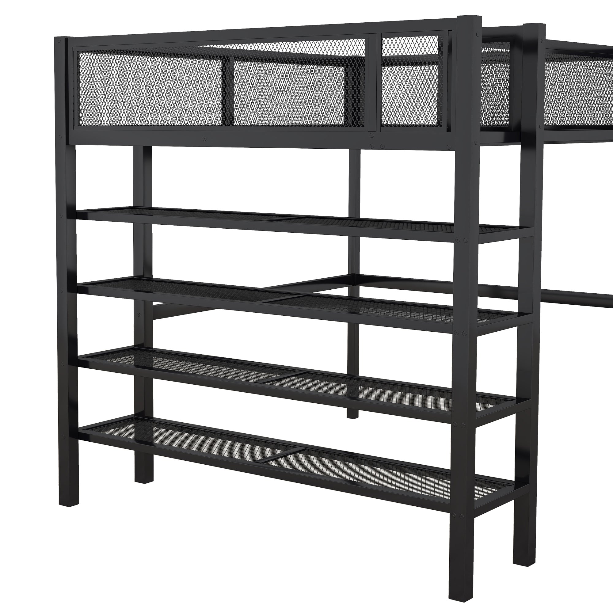 Full Size Metal Loft Bed with 4-Tier Shelves and Storage, Black - Atlantic Fine Furniture Melbourne FL