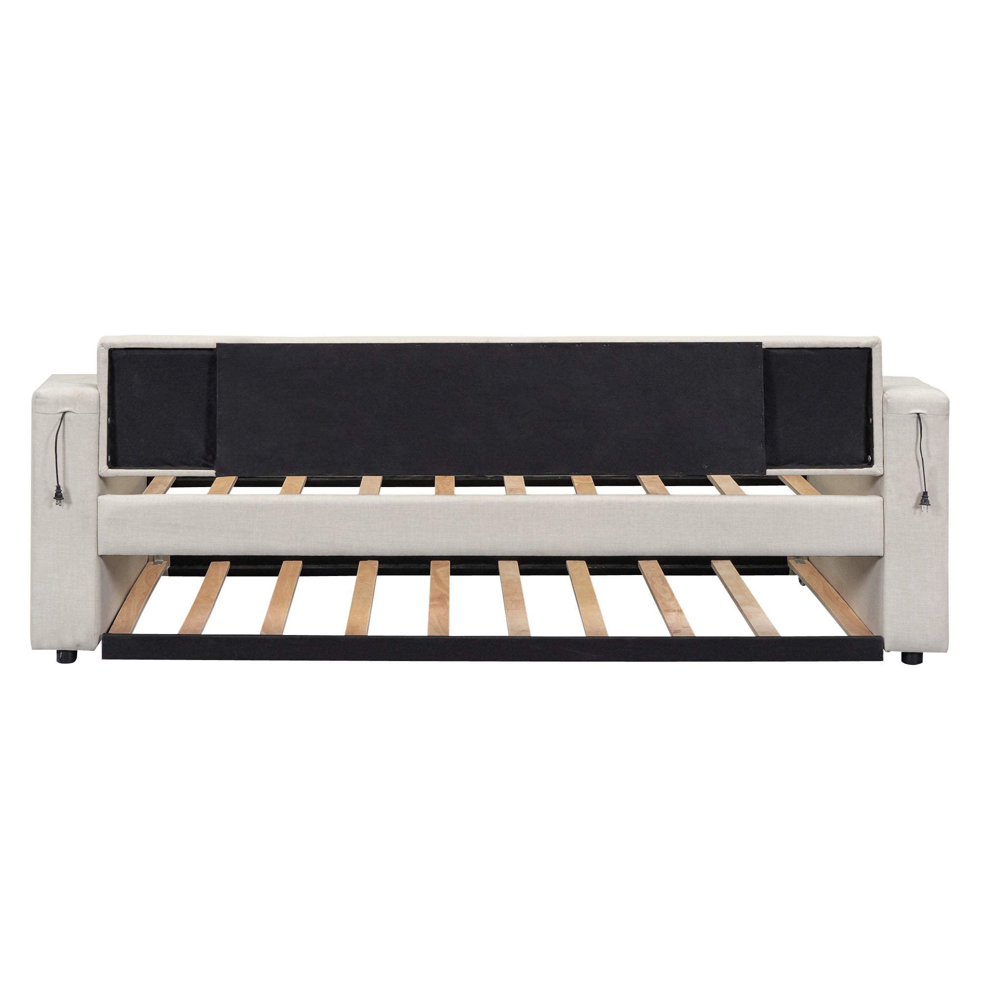Twin Size Upholstery Daybed with Storage Arms, Trundle and USB Design, Beige - Atlantic Fine Furniture Melbourne FL
