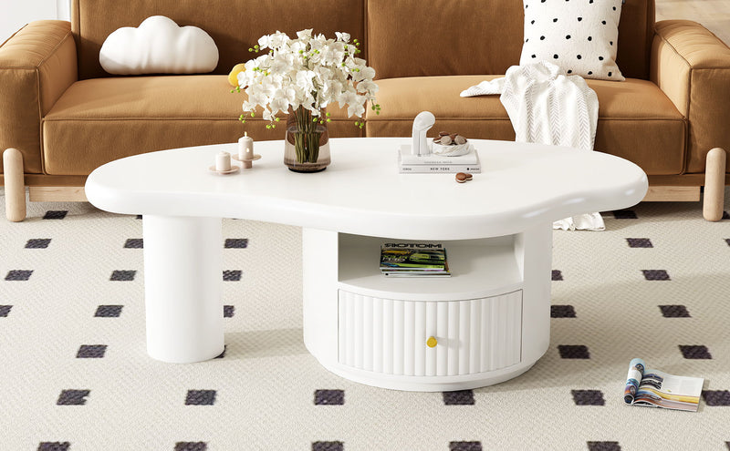 Cloud - Coffee Table, Irregular Shape Coffee Table With 1 Dreawer And Shelf For Living Room - White