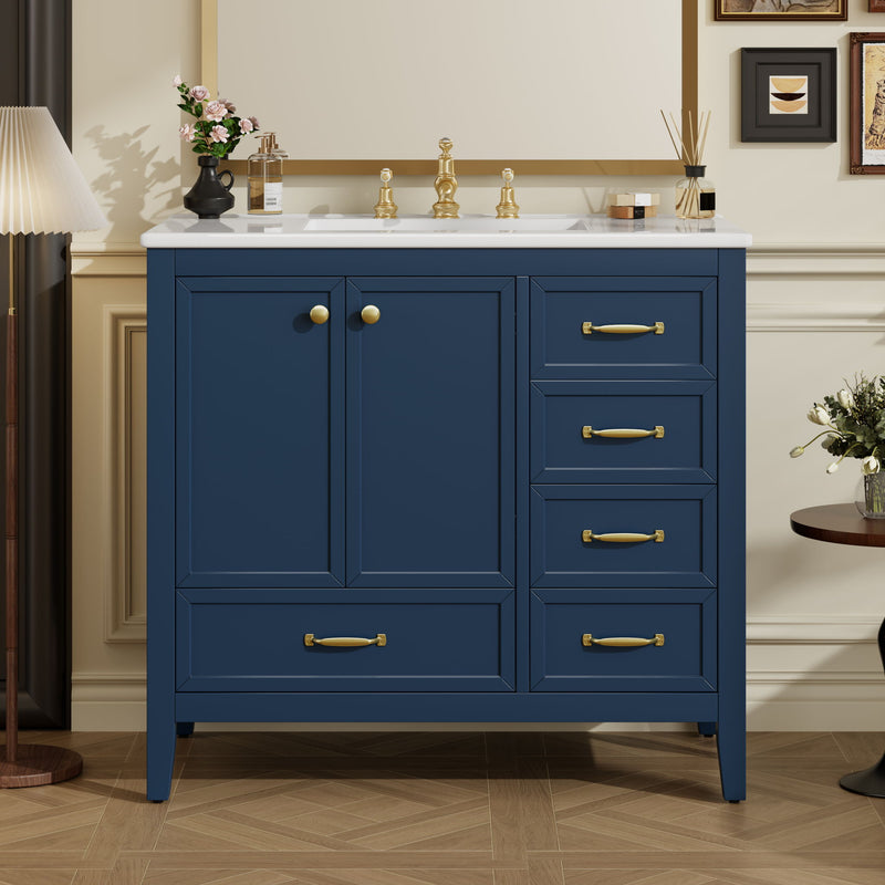 Elegant Vintage Bathroom Vanity With Sink And Soft Closing Door, 4 Drawers Of Different Sizes Frame