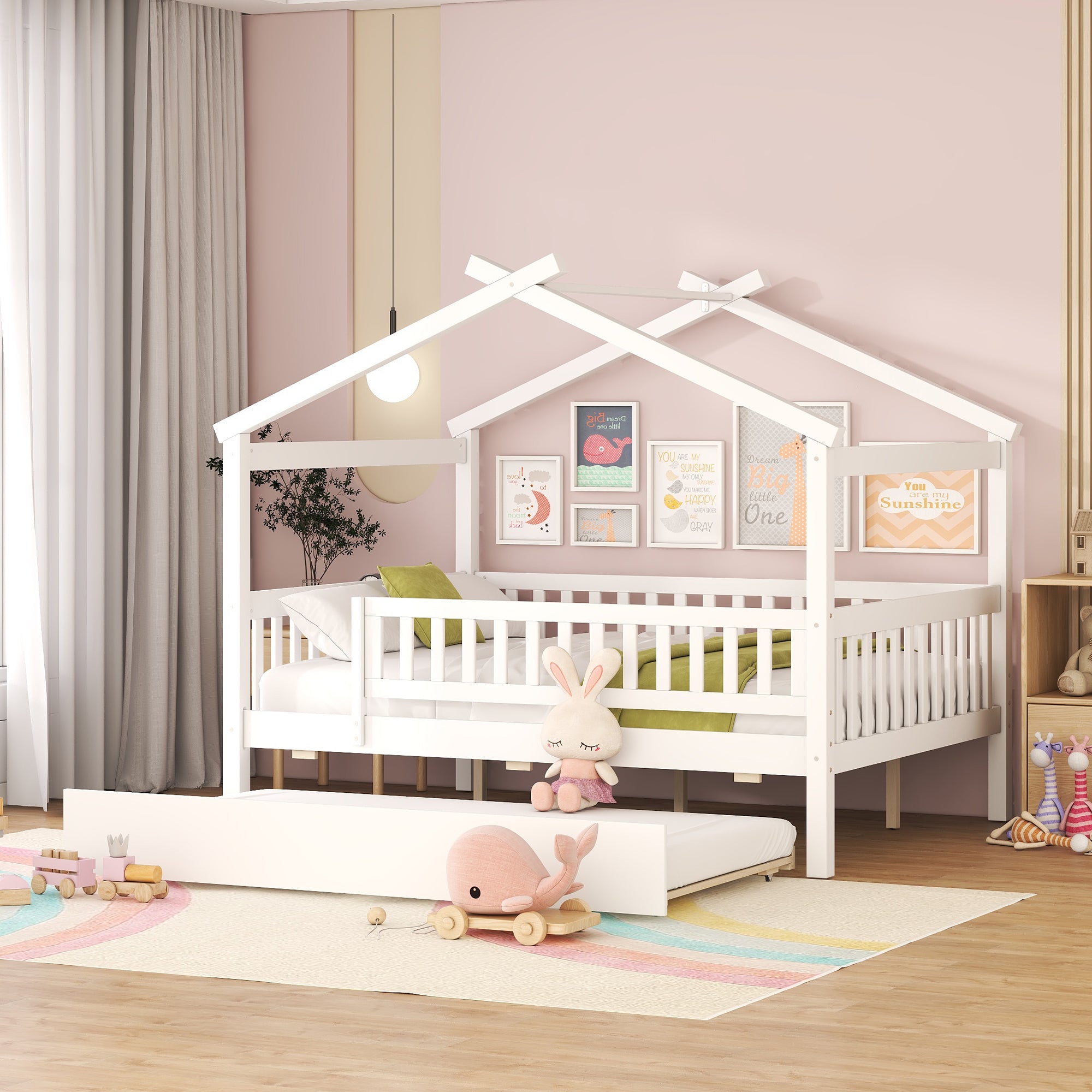 Full Size Wooden House Bed with Twin Size Trundle, White - Atlantic Fine Furniture Melbourne FL