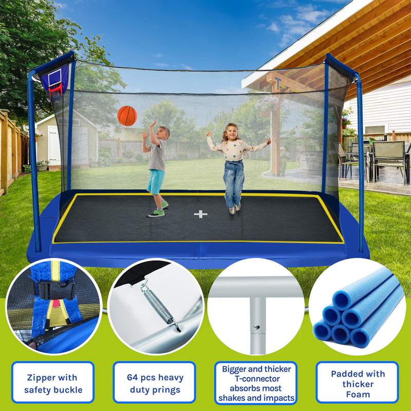 New Yc 8Ft By 12Ft Rectangular Trampoline With Basketball Board, Ball Inflater And Ladd Astm Standard Tested And Cpc Certified - Blue