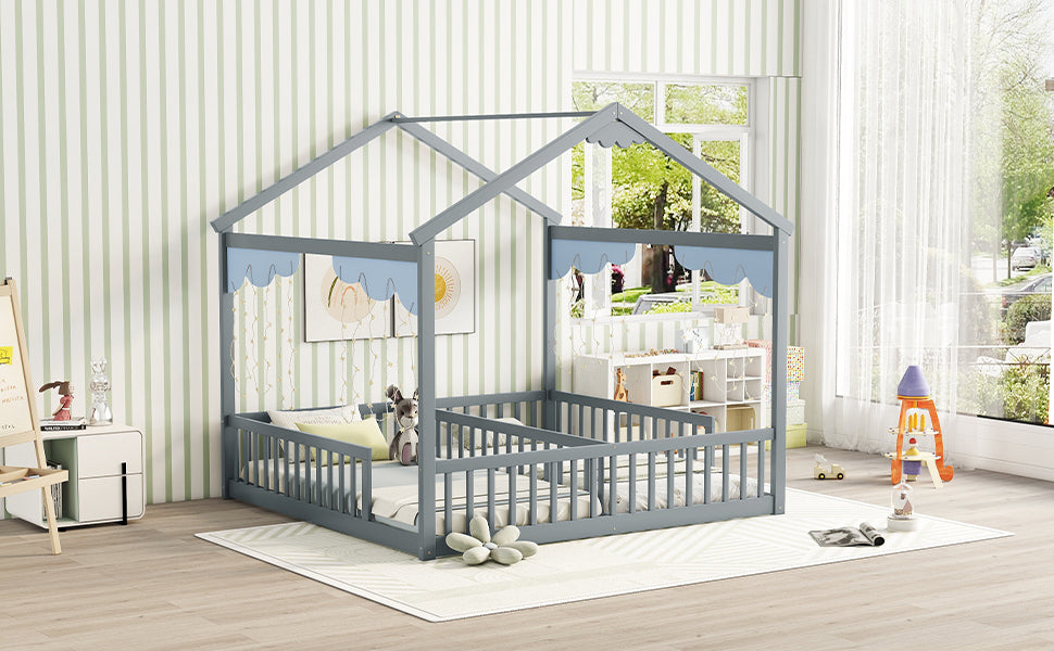 Double Twin House-Style Floor Bed with Fence, Guardrails, without door, Grey