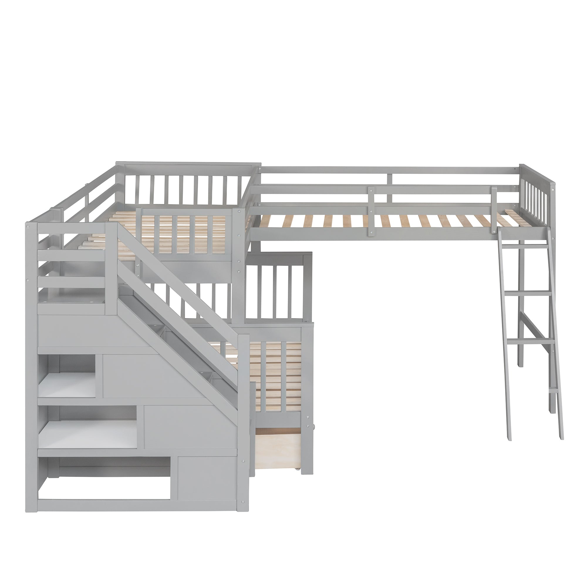 Twin over Full L-Shaped Bunk Bed With 3 Drawers, Ladder and Staircase - Gray - Atlantic Fine Furniture Melbourne FL
