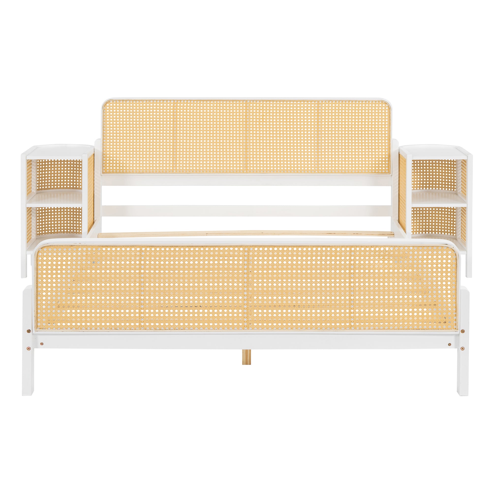 3 Pieces Rattan Platform Full Size Bed With 2 Nightstands,White - Atlantic Fine Furniture Melbourne FL