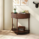 Boho Rattan Semi Circle End Table With Sliding Rattan Door, Storage And Bottom Shelf