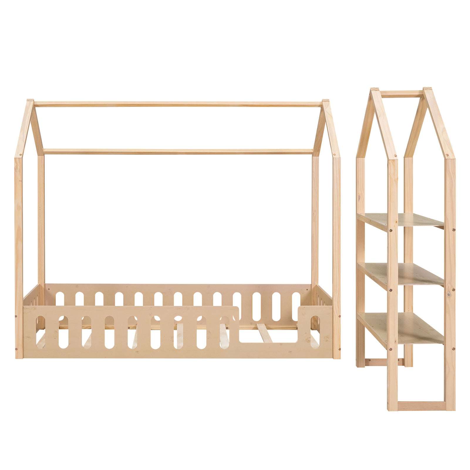 Twin Size Wood House Bed with Fence and Detachable Storage Shelves, Natural - Atlantic Fine Furniture Melbourne FL
