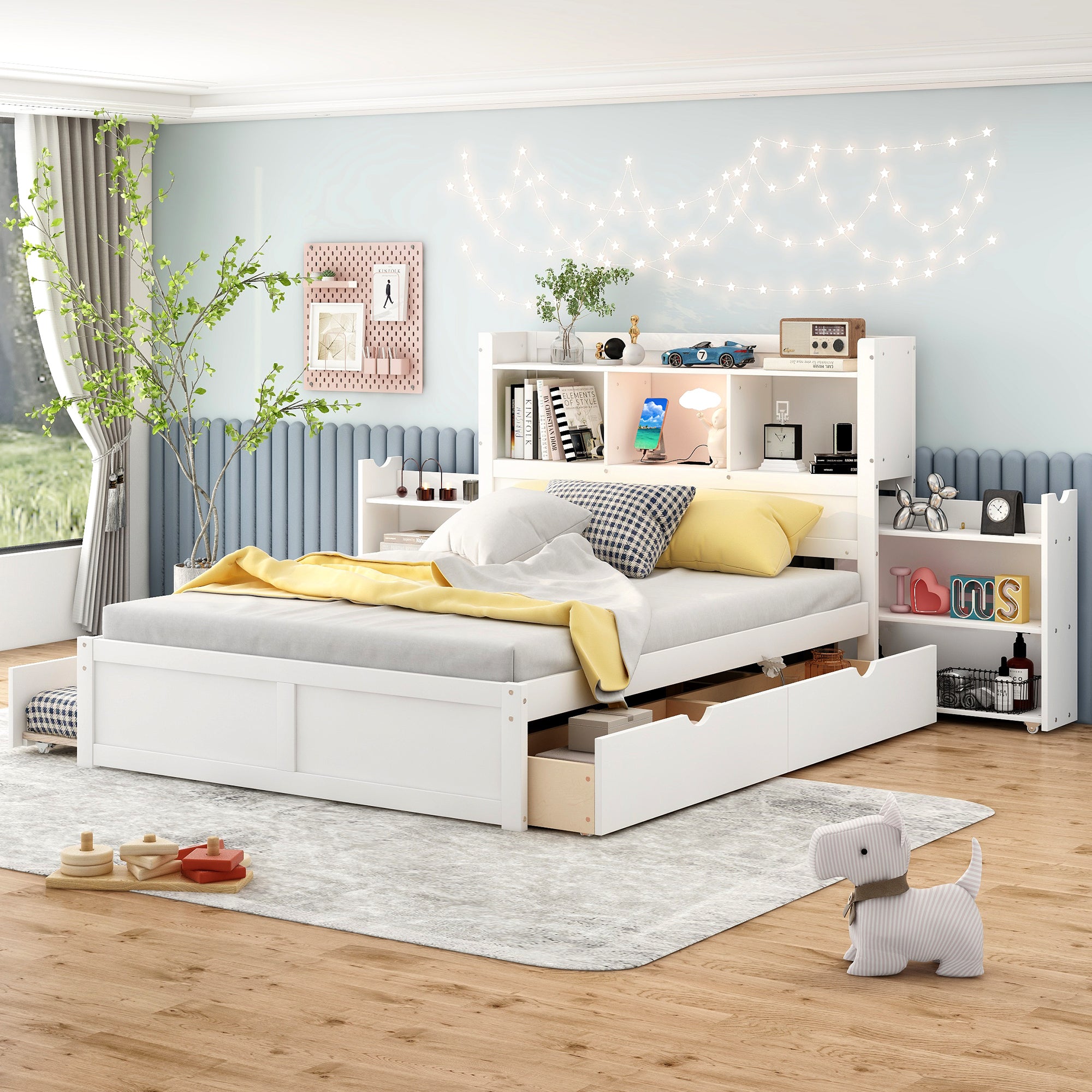 Full Size Storage Platform Bed with Pull Out Shelves, Twin Size Trundle and 2 Drawers, White - Atlantic Fine Furniture Melbourne FL