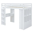 Full Size Loft Bed with large shelves, writing desk and LED Light, White