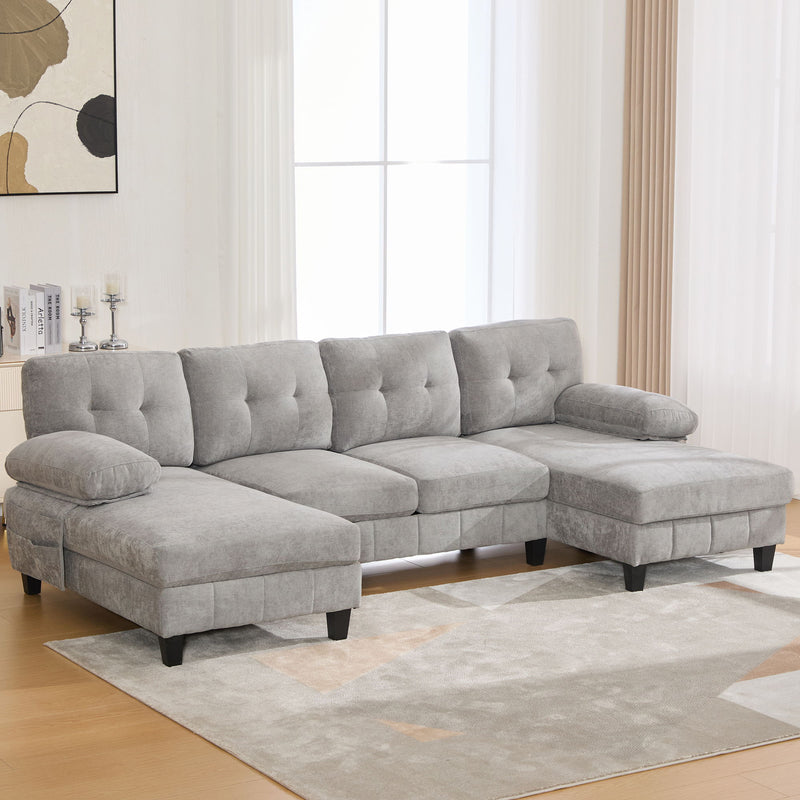U-Shaped Sectional Sofa 103.5" Black Chenille Fabric Couch With Dual Chaise Lounges, Storage Pockets, Armrest Pillows