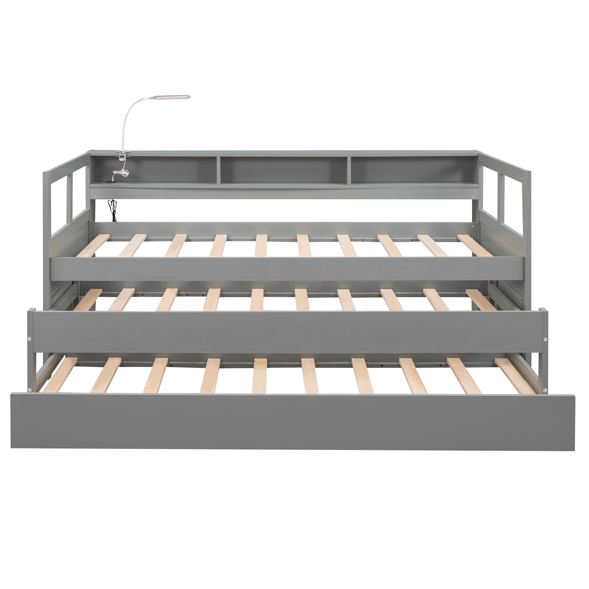Twin XL Wood Daybed with 2 Trundles, 3 Storage Cubbies, 1 Light for Free and USB Charging Design, Gray - Atlantic Fine Furniture Melbourne FL