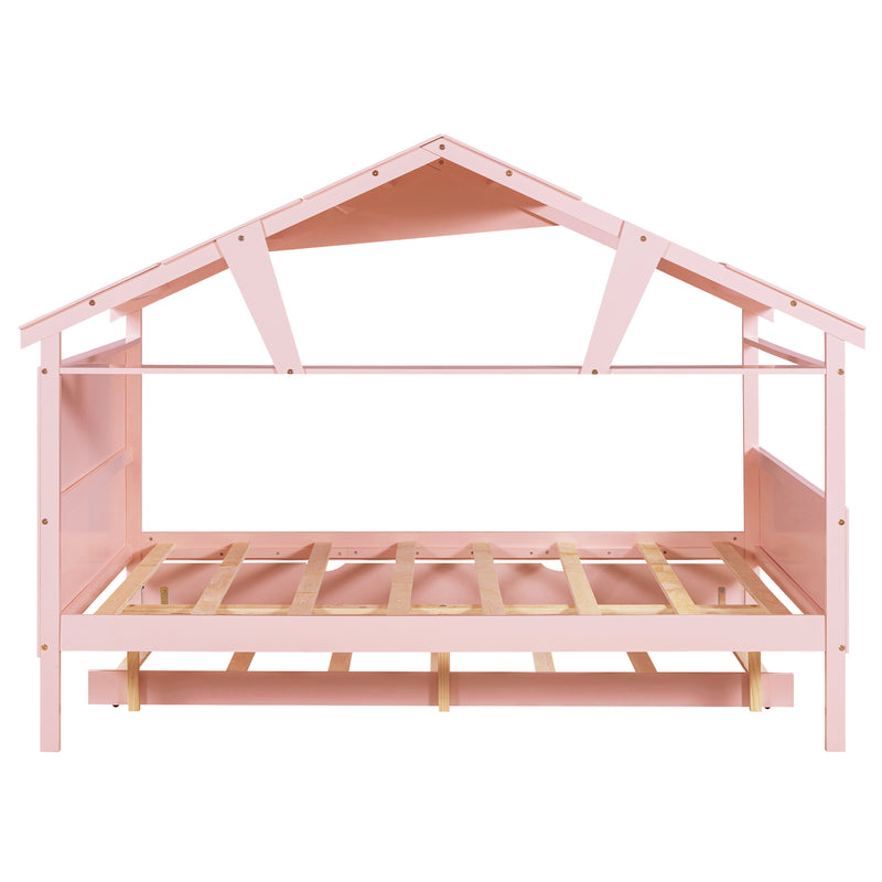 Wood Full Size House Bed with Twin Size Trundle and Storage, Pink