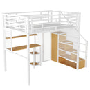 Metal Loft Bed With Wardrobe, Desk, Storage Shelves
