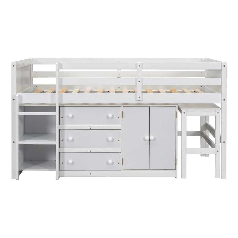 Twin Size Low Loft Bed With Pull-Out Desk, Drawers, Cabinet, and Shelves for White Color