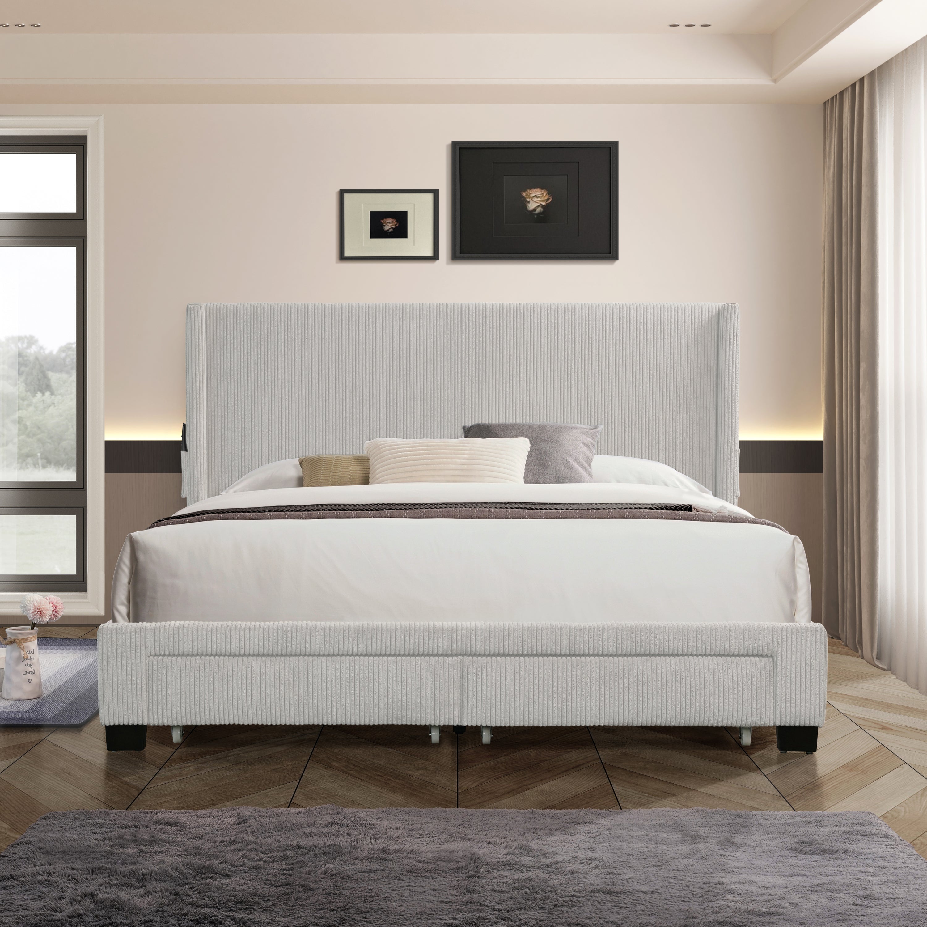 CORDUROY VELVET QUEEN FOOTBOARD DRAWER STORAGE UPHOLSTERED WINGBACK BED NO BOX SPRING REQUIRE GRAY - Atlantic Fine Furniture Melbourne FL