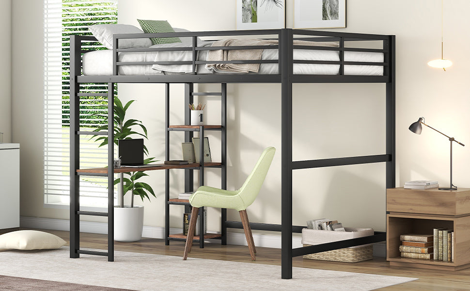 Full Size Metal Loft Bed with Built-in Desk and Storage Shelves, Black